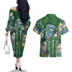 Canberra Raiders Couples Matching Off The Shoulder Long Sleeve Dress and Hawaiian Shirt Tropical Hibiscus Floral Pattern With Green And Navy Accents