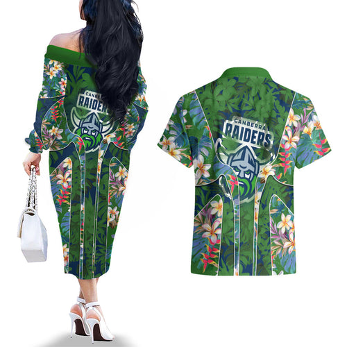 Canberra Raiders Couples Matching Off The Shoulder Long Sleeve Dress and Hawaiian Shirt Tropical Hibiscus Floral Pattern With Green And Navy Accents