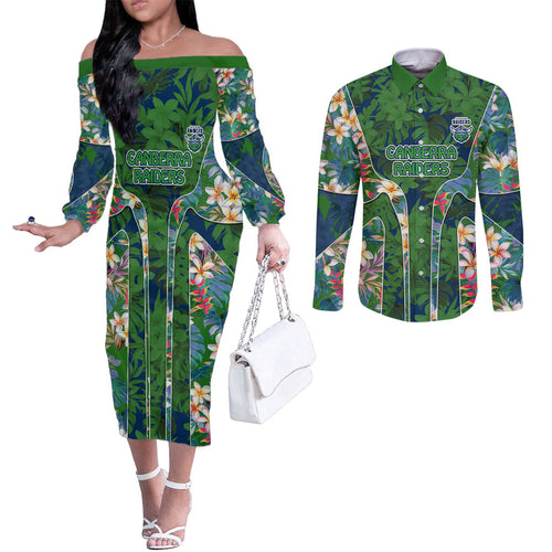 Canberra Raiders Couples Matching Off The Shoulder Long Sleeve Dress and Long Sleeve Button Shirt Tropical Hibiscus Floral Pattern With Green And Navy Accents