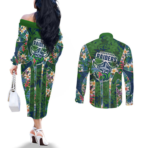 Canberra Raiders Couples Matching Off The Shoulder Long Sleeve Dress and Long Sleeve Button Shirt Tropical Hibiscus Floral Pattern With Green And Navy Accents