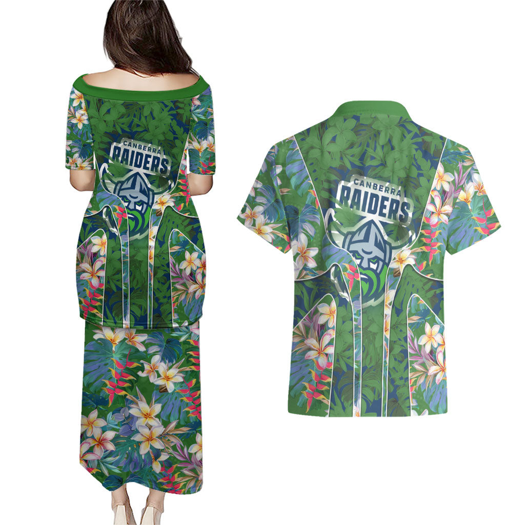 Canberra Raiders Couples Matching Puletasi and Hawaiian Shirt Tropical Hibiscus Floral Pattern With Green And Navy Accents