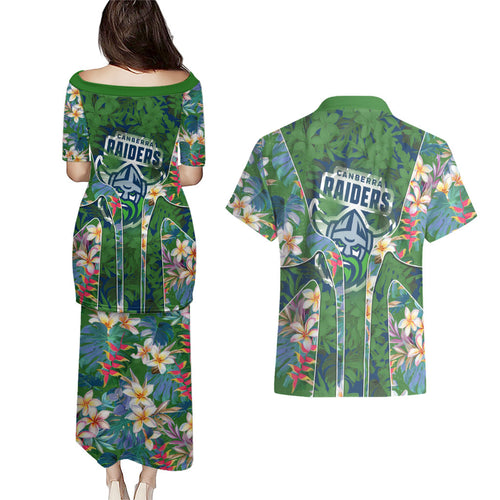 Canberra Raiders Couples Matching Puletasi and Hawaiian Shirt Tropical Hibiscus Floral Pattern With Green And Navy Accents