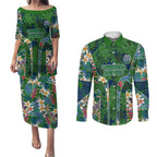 Canberra Raiders Couples Matching Puletasi and Long Sleeve Button Shirt Tropical Hibiscus Floral Pattern With Green And Navy Accents