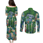 Canberra Raiders Couples Matching Puletasi and Long Sleeve Button Shirt Tropical Hibiscus Floral Pattern With Green And Navy Accents