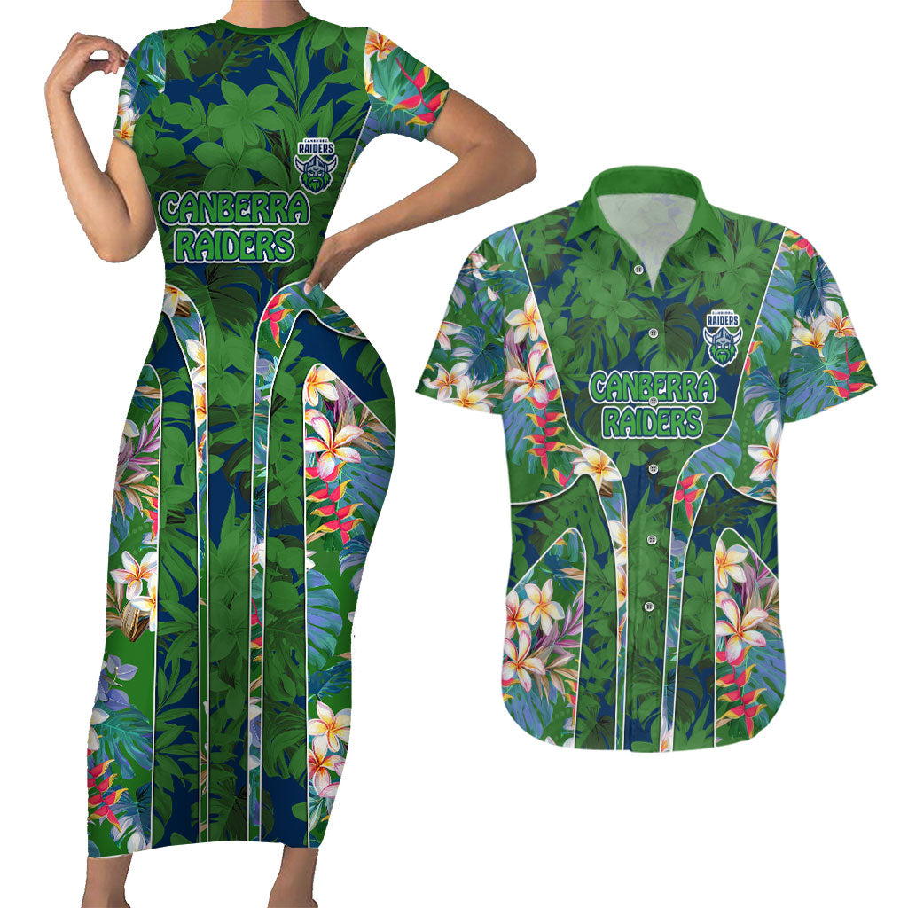 Canberra Raiders Couples Matching Short Sleeve Bodycon Dress and Hawaiian Shirt Tropical Hibiscus Floral Pattern With Green And Navy Accents