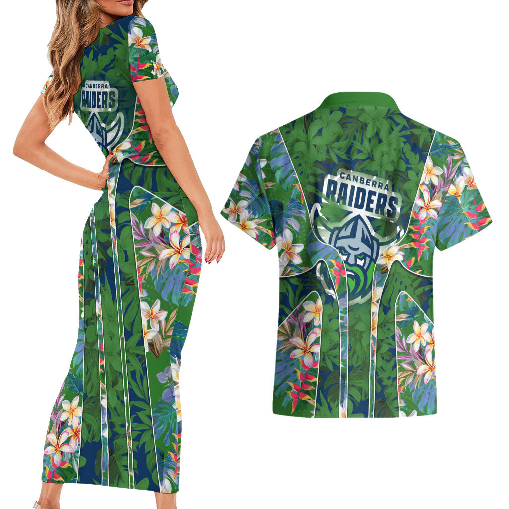 Canberra Raiders Couples Matching Short Sleeve Bodycon Dress and Hawaiian Shirt Tropical Hibiscus Floral Pattern With Green And Navy Accents