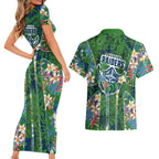 Canberra Raiders Couples Matching Short Sleeve Bodycon Dress and Hawaiian Shirt Tropical Hibiscus Floral Pattern With Green And Navy Accents