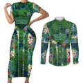 Canberra Raiders Couples Matching Short Sleeve Bodycon Dress and Long Sleeve Button Shirt Tropical Hibiscus Floral Pattern With Green And Navy Accents