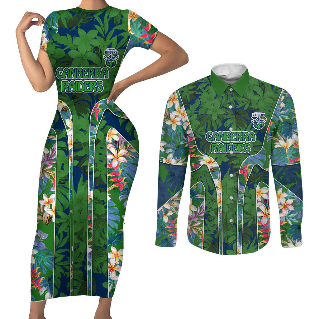Canberra Raiders Couples Matching Short Sleeve Bodycon Dress and Long Sleeve Button Shirt Tropical Hibiscus Floral Pattern With Green And Navy Accents