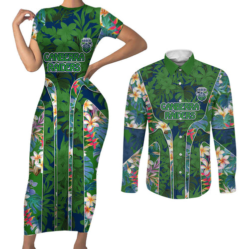 Canberra Raiders Couples Matching Short Sleeve Bodycon Dress and Long Sleeve Button Shirt Tropical Hibiscus Floral Pattern With Green And Navy Accents