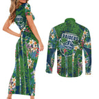Canberra Raiders Couples Matching Short Sleeve Bodycon Dress and Long Sleeve Button Shirt Tropical Hibiscus Floral Pattern With Green And Navy Accents
