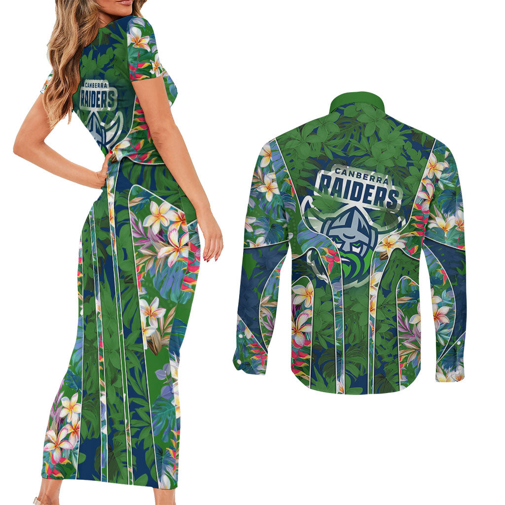Canberra Raiders Couples Matching Short Sleeve Bodycon Dress and Long Sleeve Button Shirt Tropical Hibiscus Floral Pattern With Green And Navy Accents