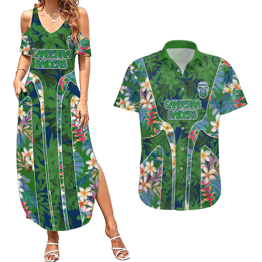 Canberra Raiders Couples Matching Summer Maxi Dress and Hawaiian Shirt Tropical Hibiscus Floral Pattern With Green And Navy Accents