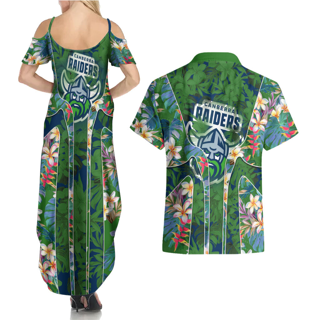 Canberra Raiders Couples Matching Summer Maxi Dress and Hawaiian Shirt Tropical Hibiscus Floral Pattern With Green And Navy Accents