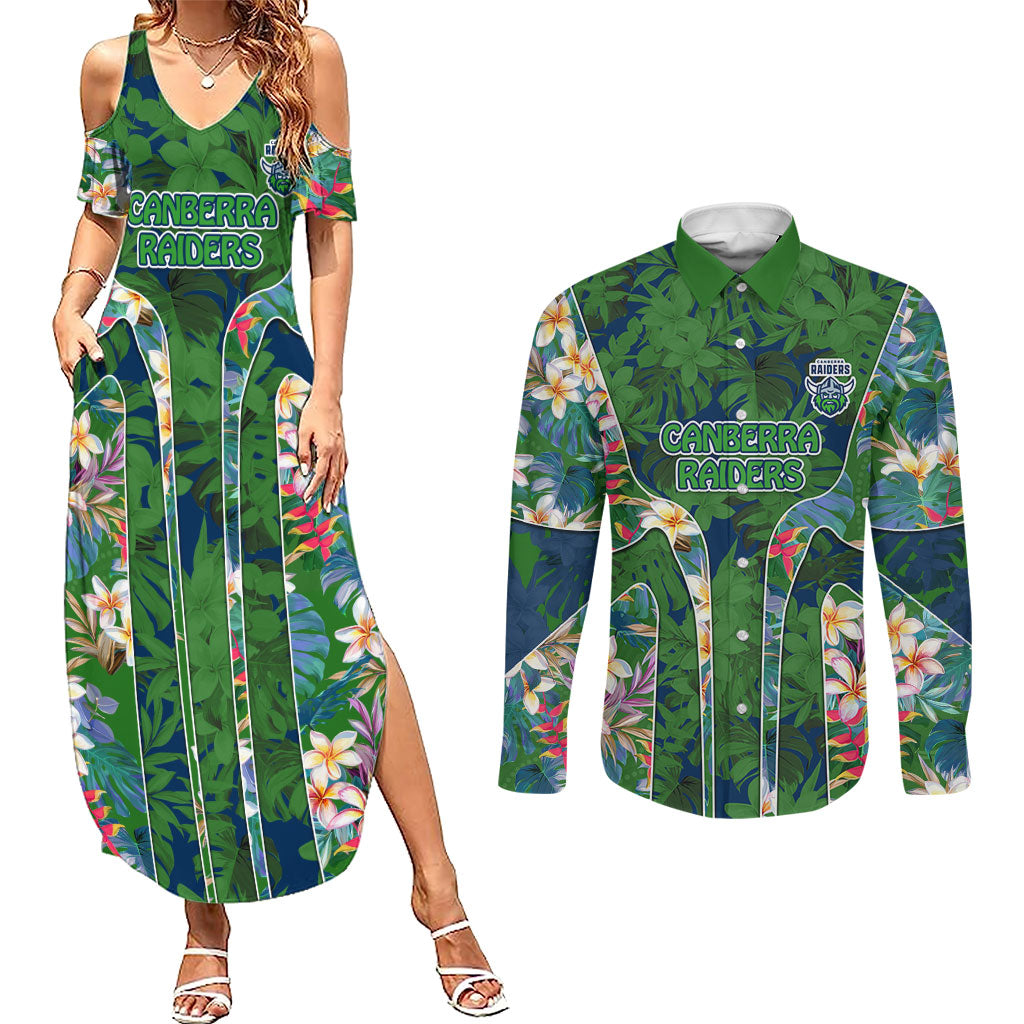 Canberra Raiders Couples Matching Summer Maxi Dress and Long Sleeve Button Shirt Tropical Hibiscus Floral Pattern With Green And Navy Accents