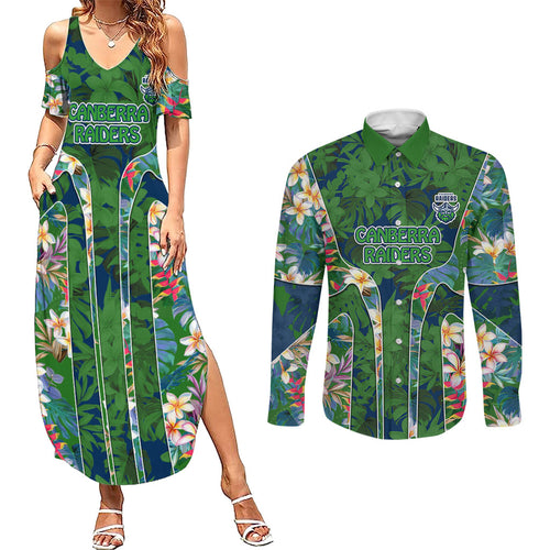 Canberra Raiders Couples Matching Summer Maxi Dress and Long Sleeve Button Shirt Tropical Hibiscus Floral Pattern With Green And Navy Accents