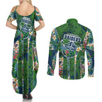 Canberra Raiders Couples Matching Summer Maxi Dress and Long Sleeve Button Shirt Tropical Hibiscus Floral Pattern With Green And Navy Accents