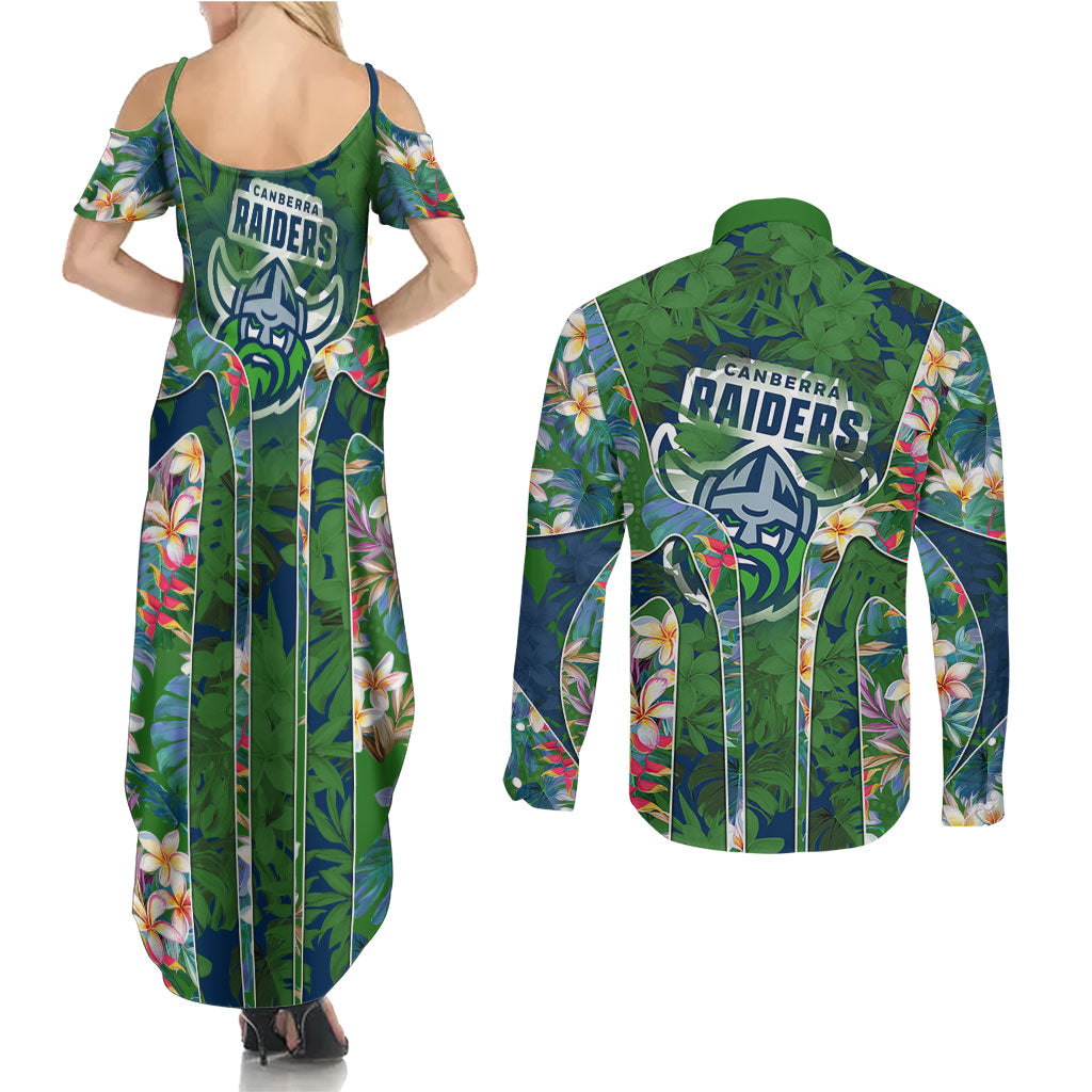 Canberra Raiders Couples Matching Summer Maxi Dress and Long Sleeve Button Shirt Tropical Hibiscus Floral Pattern With Green And Navy Accents