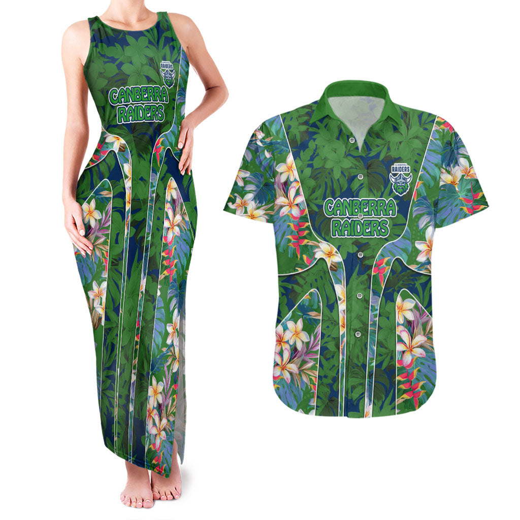 Canberra Raiders Couples Matching Tank Maxi Dress and Hawaiian Shirt Tropical Hibiscus Floral Pattern With Green And Navy Accents