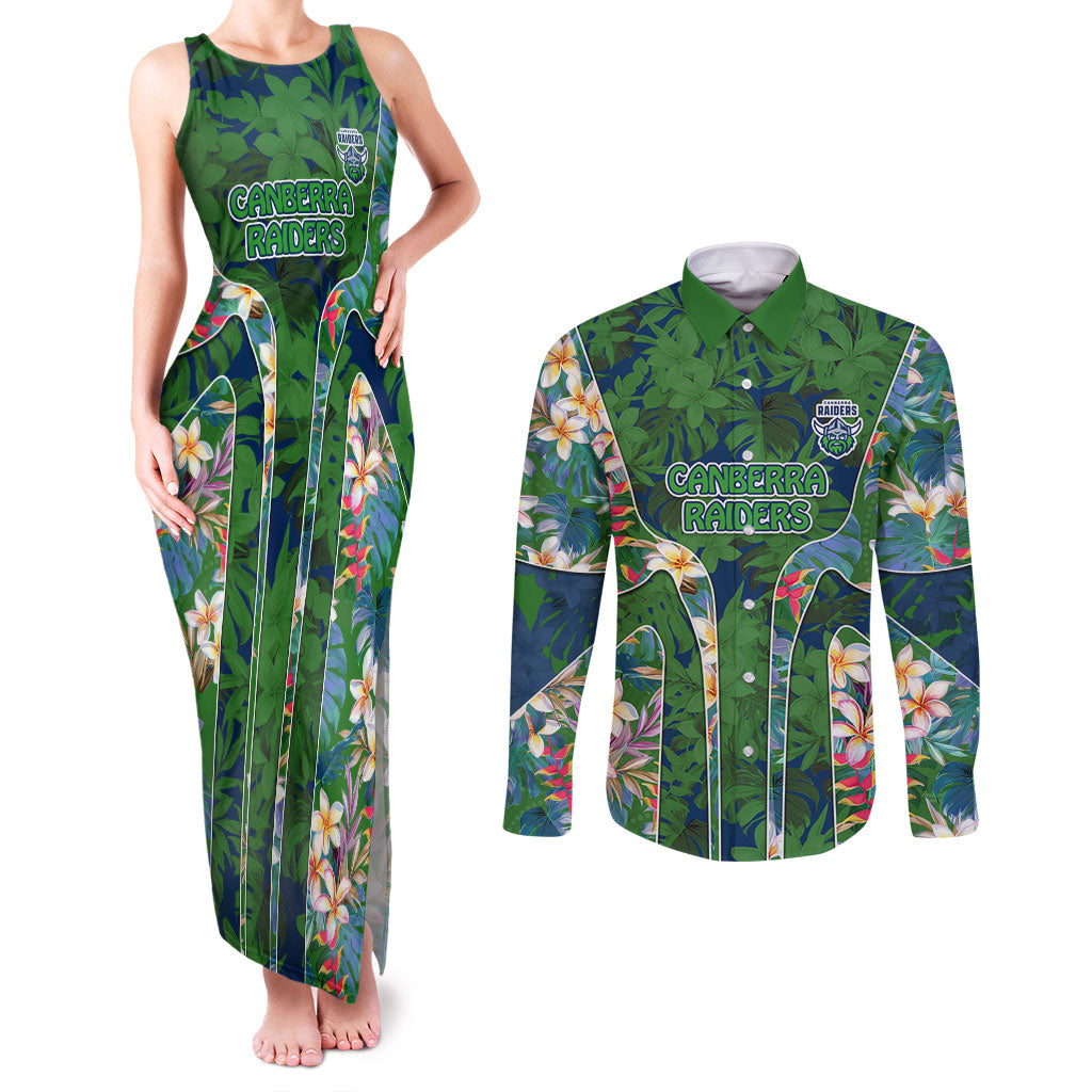 Canberra Raiders Couples Matching Tank Maxi Dress and Long Sleeve Button Shirt Tropical Hibiscus Floral Pattern With Green And Navy Accents