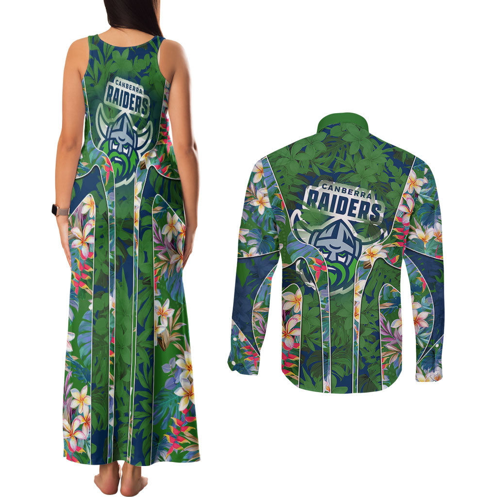 Canberra Raiders Couples Matching Tank Maxi Dress and Long Sleeve Button Shirt Tropical Hibiscus Floral Pattern With Green And Navy Accents