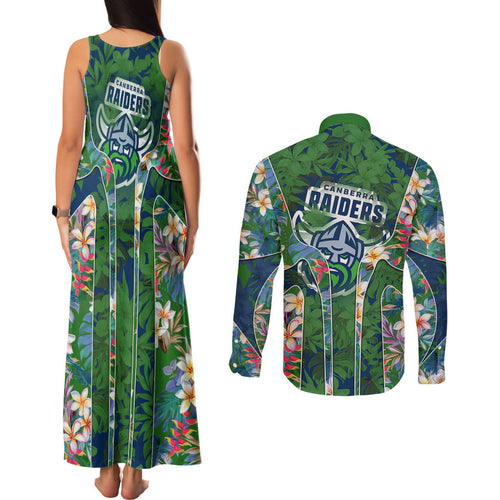 Canberra Raiders Couples Matching Tank Maxi Dress and Long Sleeve Button Shirt Tropical Hibiscus Floral Pattern With Green And Navy Accents