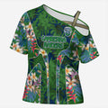 Canberra Raiders Cross Shoulder Shirt Tropical Hibiscus Floral Pattern With Green And Navy Accents