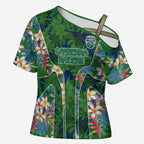 Canberra Raiders Cross Shoulder Shirt Tropical Hibiscus Floral Pattern With Green And Navy Accents
