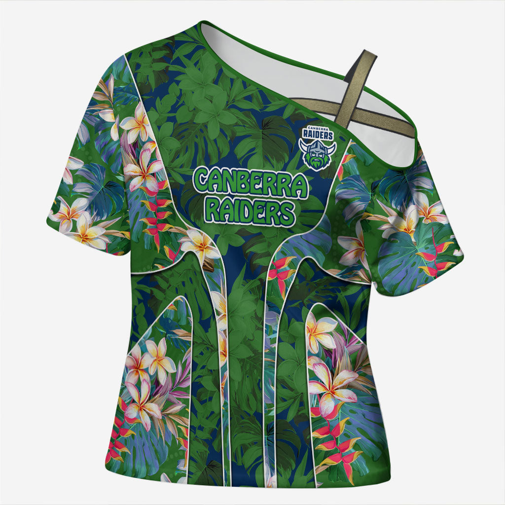 Canberra Raiders Cross Shoulder Shirt Tropical Hibiscus Floral Pattern With Green And Navy Accents