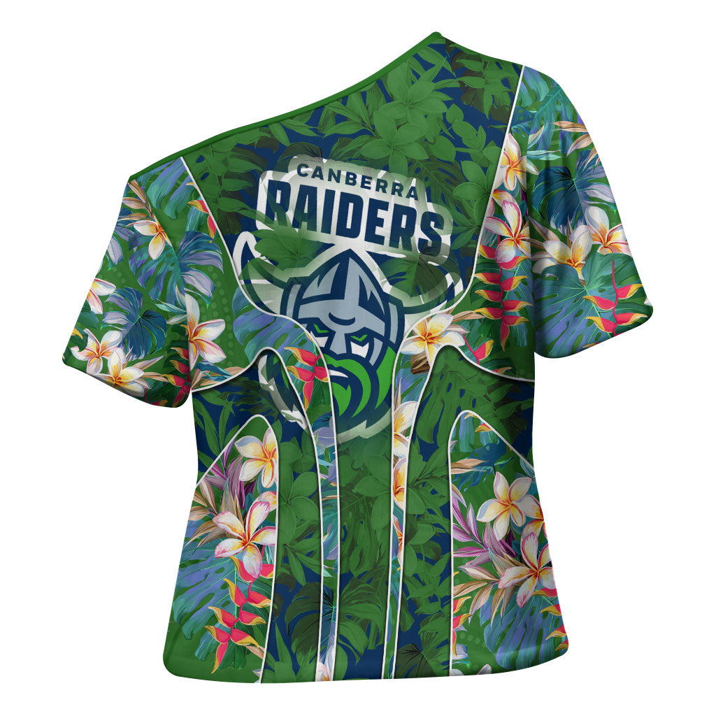 Canberra Raiders Cross Shoulder Shirt Tropical Hibiscus Floral Pattern With Green And Navy Accents