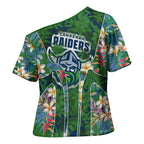 Canberra Raiders Cross Shoulder Shirt Tropical Hibiscus Floral Pattern With Green And Navy Accents