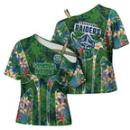 Canberra Raiders Cross Shoulder Shirt Tropical Hibiscus Floral Pattern With Green And Navy Accents