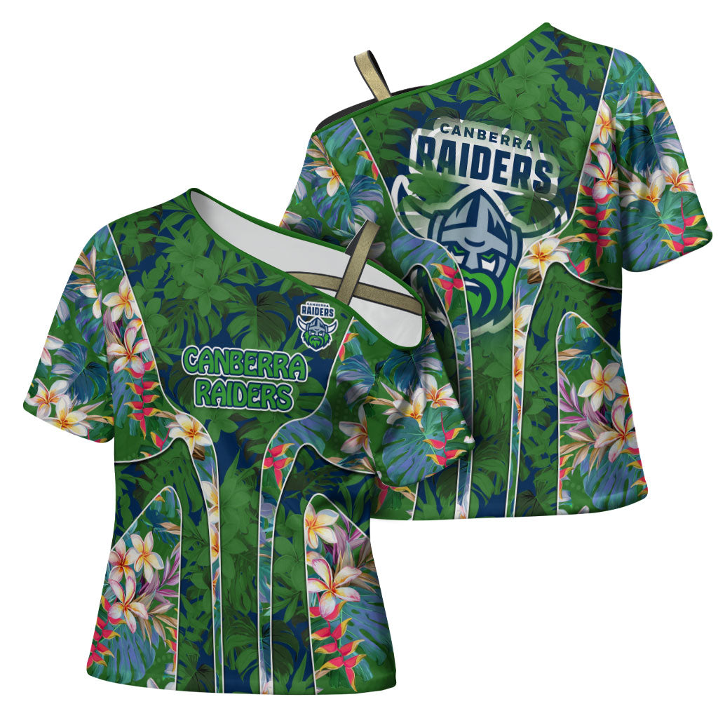Canberra Raiders Cross Shoulder Shirt Tropical Hibiscus Floral Pattern With Green And Navy Accents