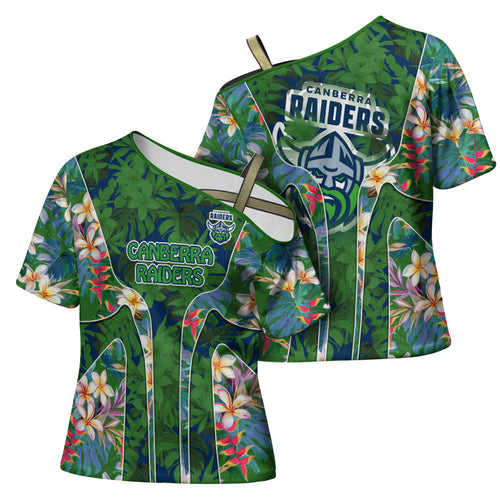 Canberra Raiders Cross Shoulder Shirt Tropical Hibiscus Floral Pattern With Green And Navy Accents