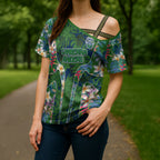 Canberra Raiders Cross Shoulder Shirt Tropical Hibiscus Floral Pattern With Green And Navy Accents