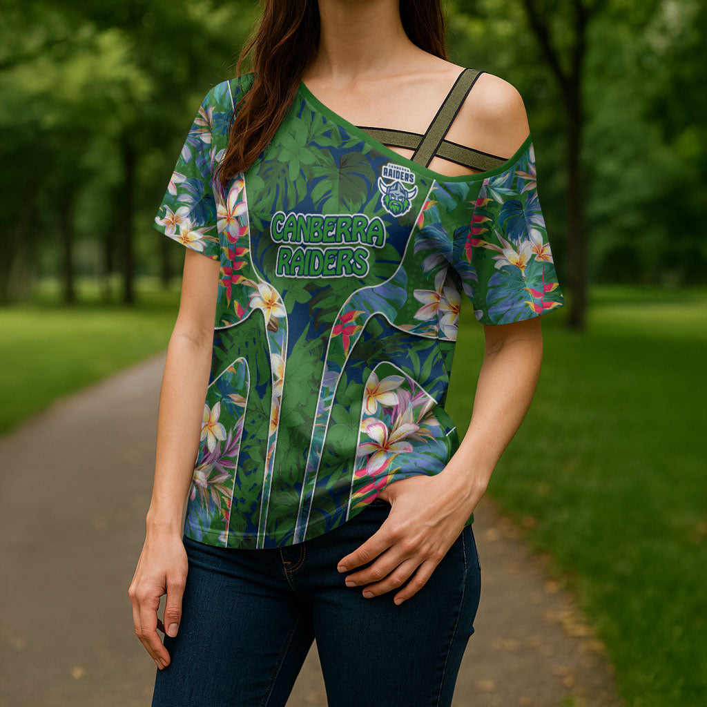 Canberra Raiders Cross Shoulder Shirt Tropical Hibiscus Floral Pattern With Green And Navy Accents
