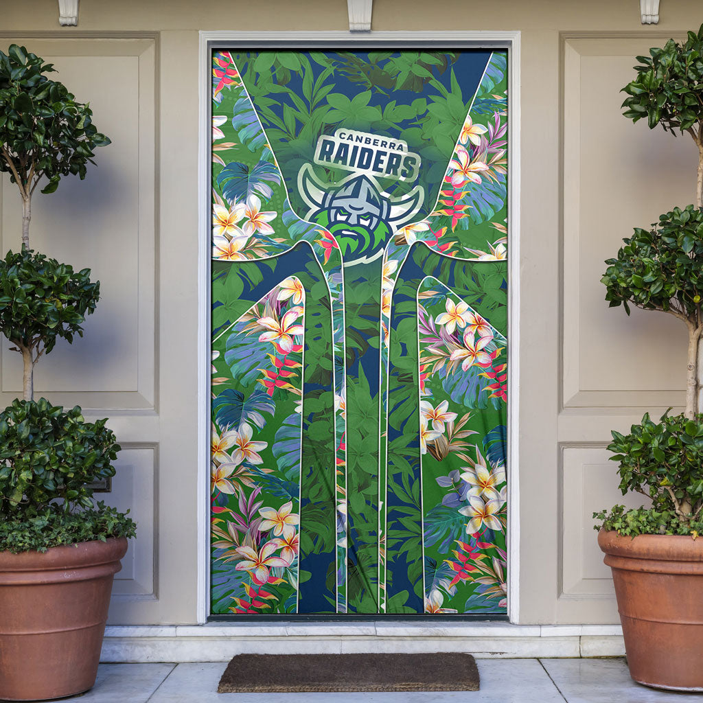 Canberra Raiders Door Cover Tropical Hibiscus Floral Pattern With Green And Navy Accents