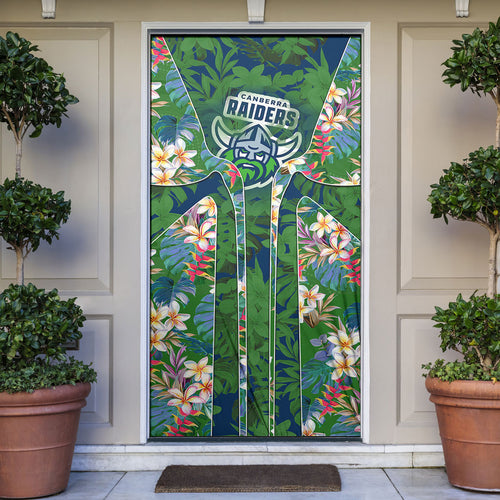 Canberra Raiders Door Cover Tropical Hibiscus Floral Pattern With Green And Navy Accents