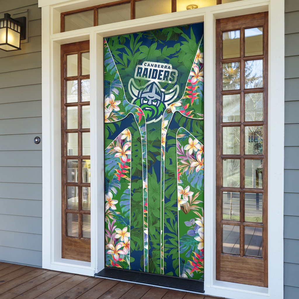 Canberra Raiders Door Cover Tropical Hibiscus Floral Pattern With Green And Navy Accents
