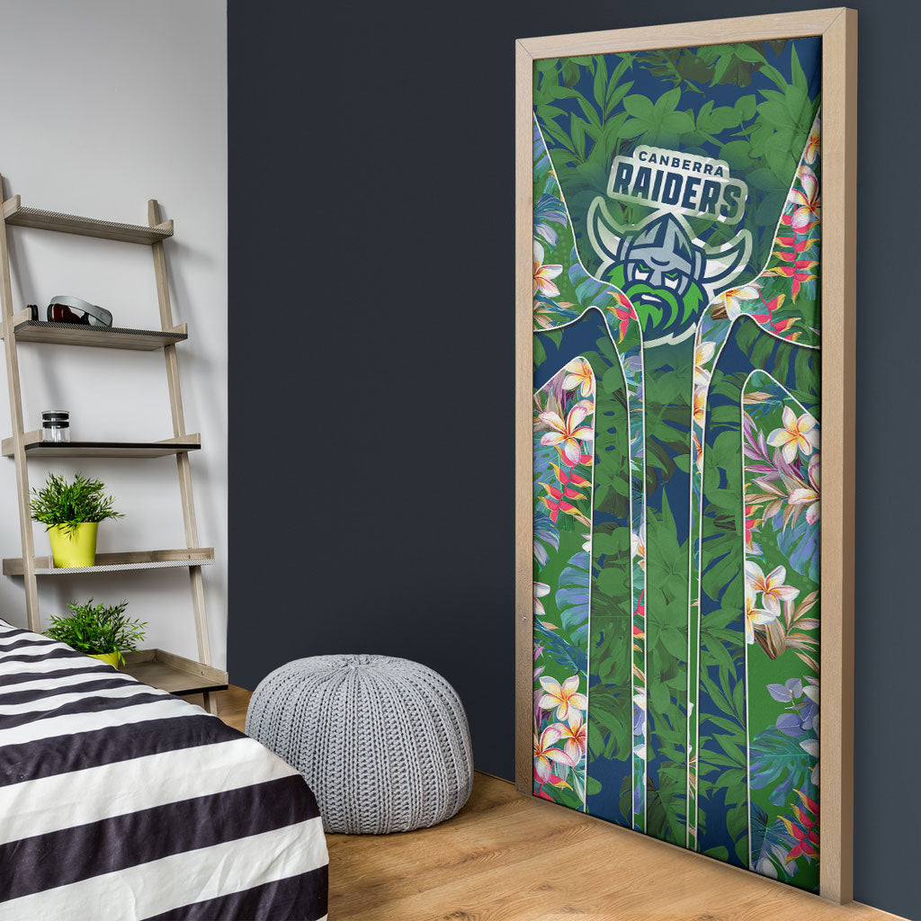 Canberra Raiders Door Cover Tropical Hibiscus Floral Pattern With Green And Navy Accents