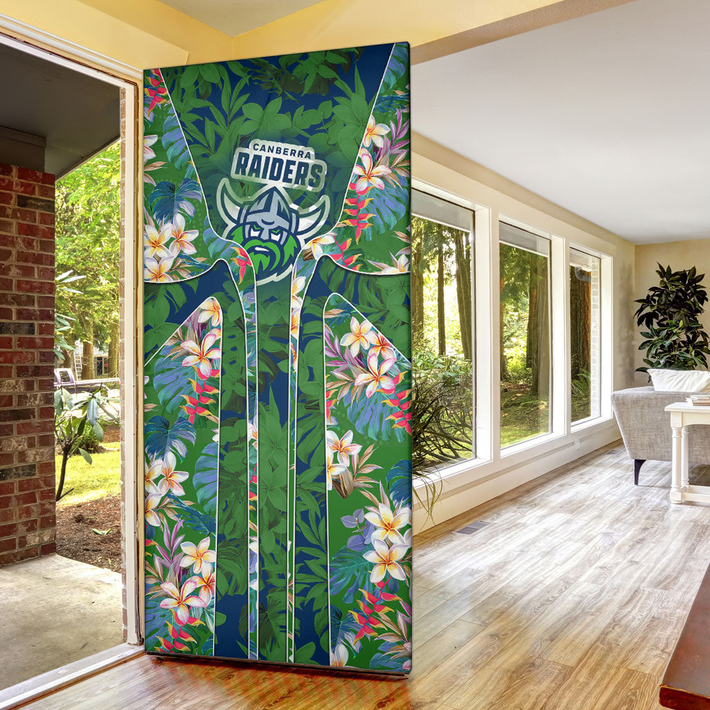 Canberra Raiders Door Cover Tropical Hibiscus Floral Pattern With Green And Navy Accents