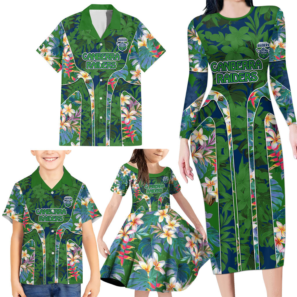 Canberra Raiders Family Matching Long Sleeve Bodycon Dress and Hawaiian Shirt Tropical Hibiscus Floral Pattern With Green And Navy Accents