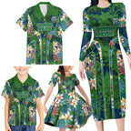 Canberra Raiders Family Matching Long Sleeve Bodycon Dress and Hawaiian Shirt Tropical Hibiscus Floral Pattern With Green And Navy Accents
