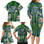 Canberra Raiders Family Matching Long Sleeve Bodycon Dress and Hawaiian Shirt Tropical Hibiscus Floral Pattern With Green And Navy Accents