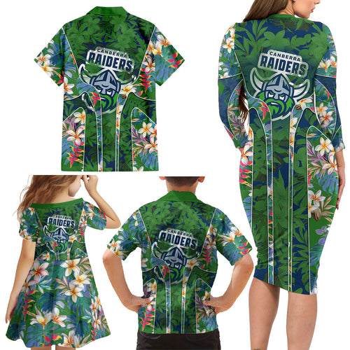 Canberra Raiders Family Matching Long Sleeve Bodycon Dress and Hawaiian Shirt Tropical Hibiscus Floral Pattern With Green And Navy Accents