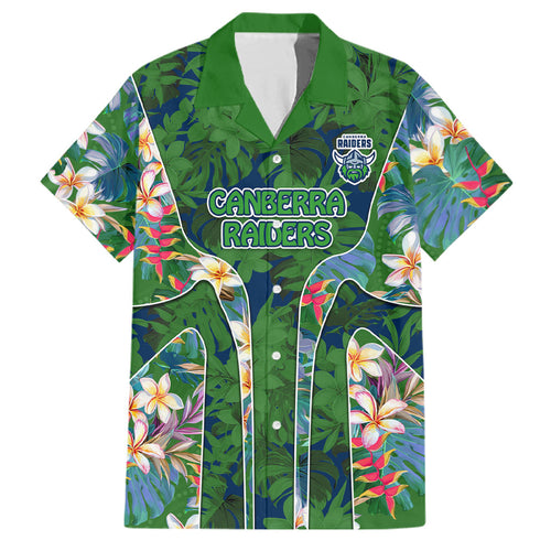 Canberra Raiders Family Matching Long Sleeve Bodycon Dress and Hawaiian Shirt Tropical Hibiscus Floral Pattern With Green And Navy Accents