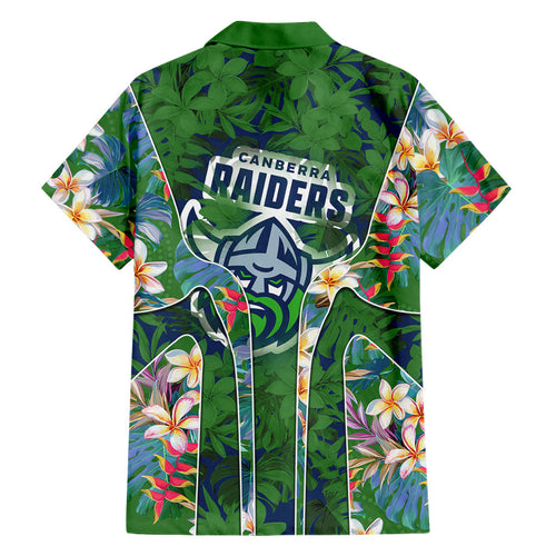 Canberra Raiders Family Matching Long Sleeve Bodycon Dress and Hawaiian Shirt Tropical Hibiscus Floral Pattern With Green And Navy Accents