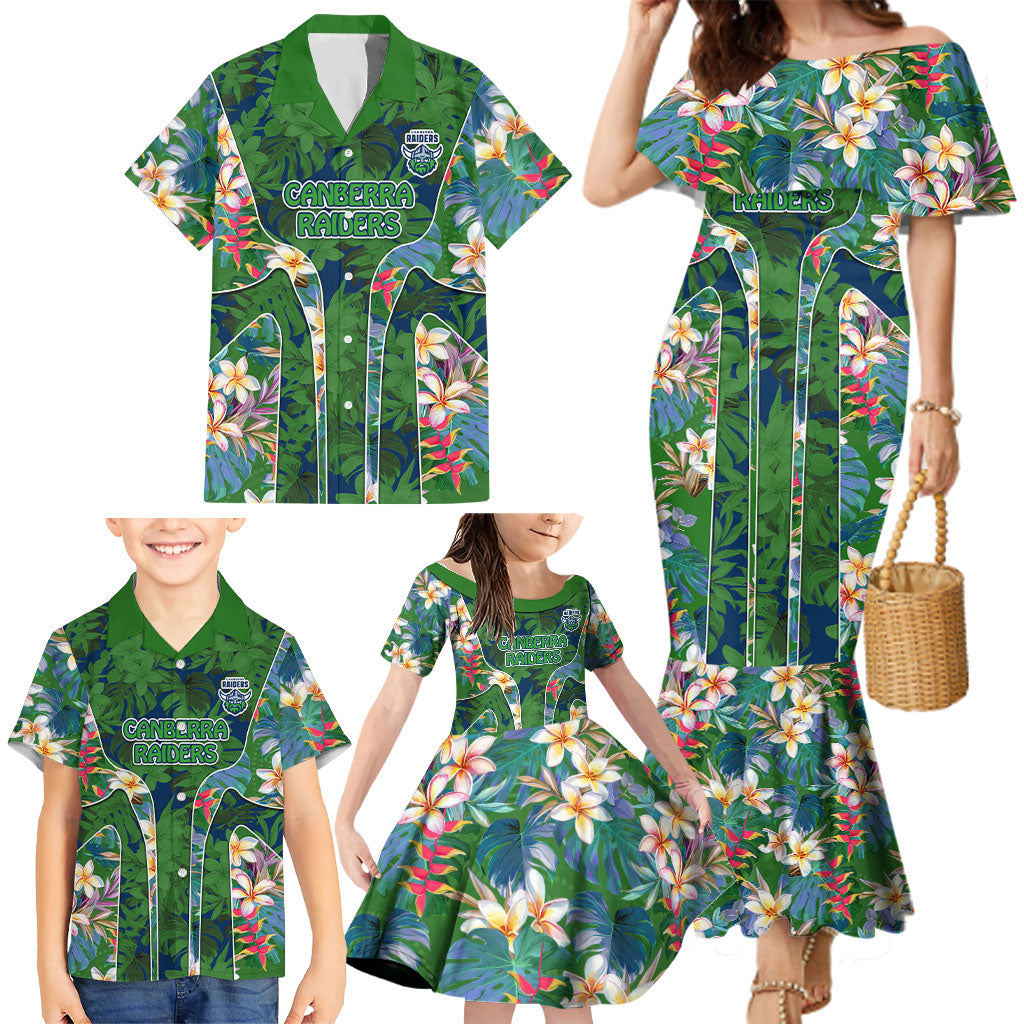 Canberra Raiders Family Matching Mermaid Dress and Hawaiian Shirt Tropical Hibiscus Floral Pattern With Green And Navy Accents