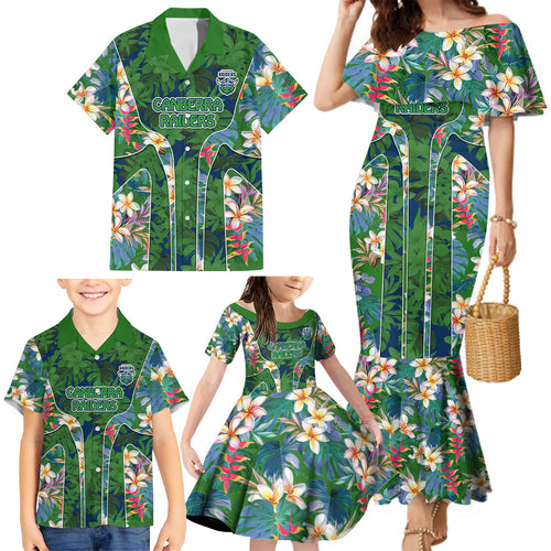 Canberra Raiders Family Matching Mermaid Dress and Hawaiian Shirt Tropical Hibiscus Floral Pattern With Green And Navy Accents
