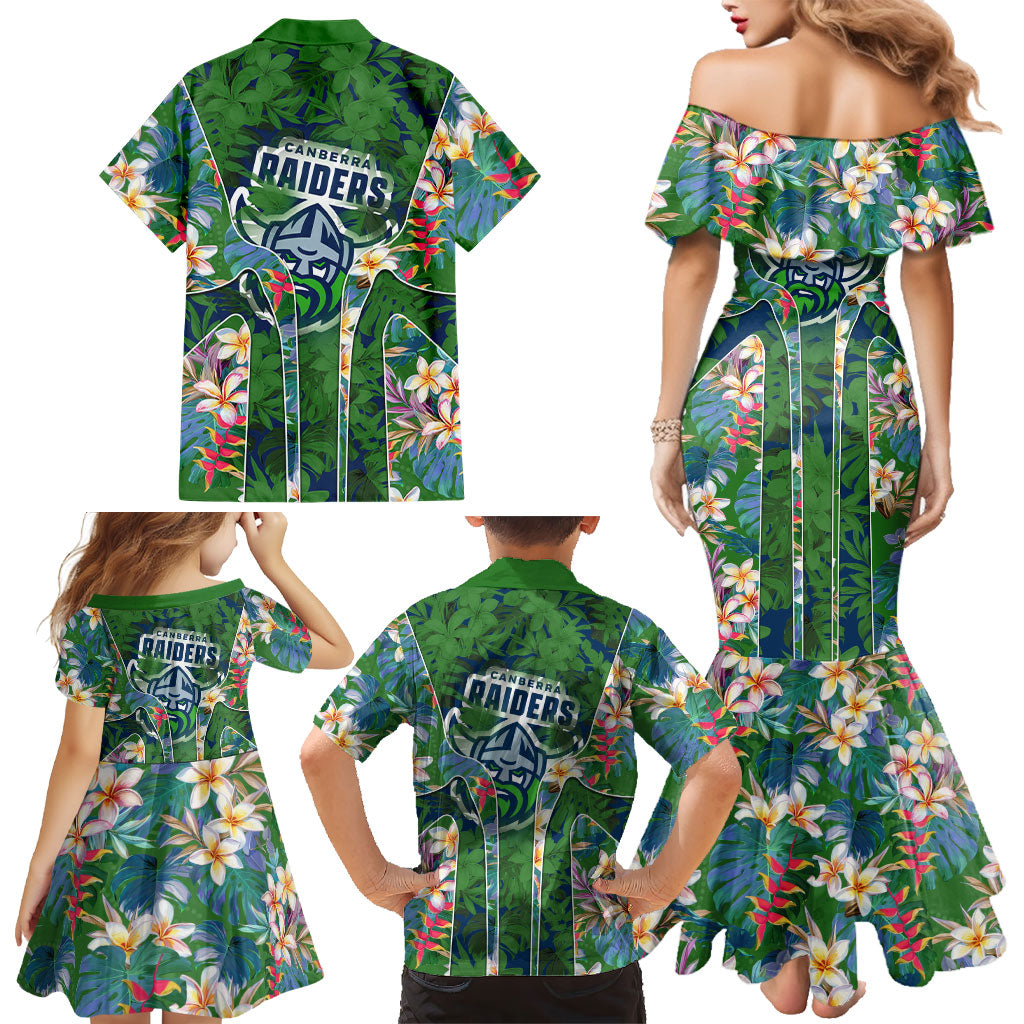 Canberra Raiders Family Matching Mermaid Dress and Hawaiian Shirt Tropical Hibiscus Floral Pattern With Green And Navy Accents